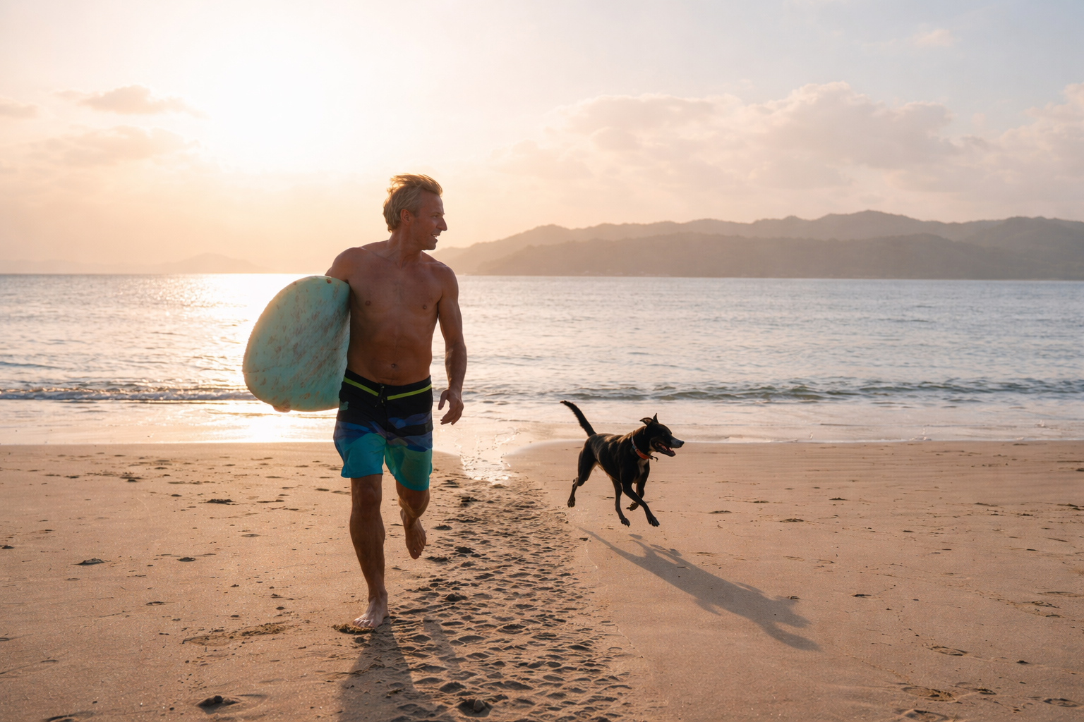 Surfer running along the beach with a dog at sunset